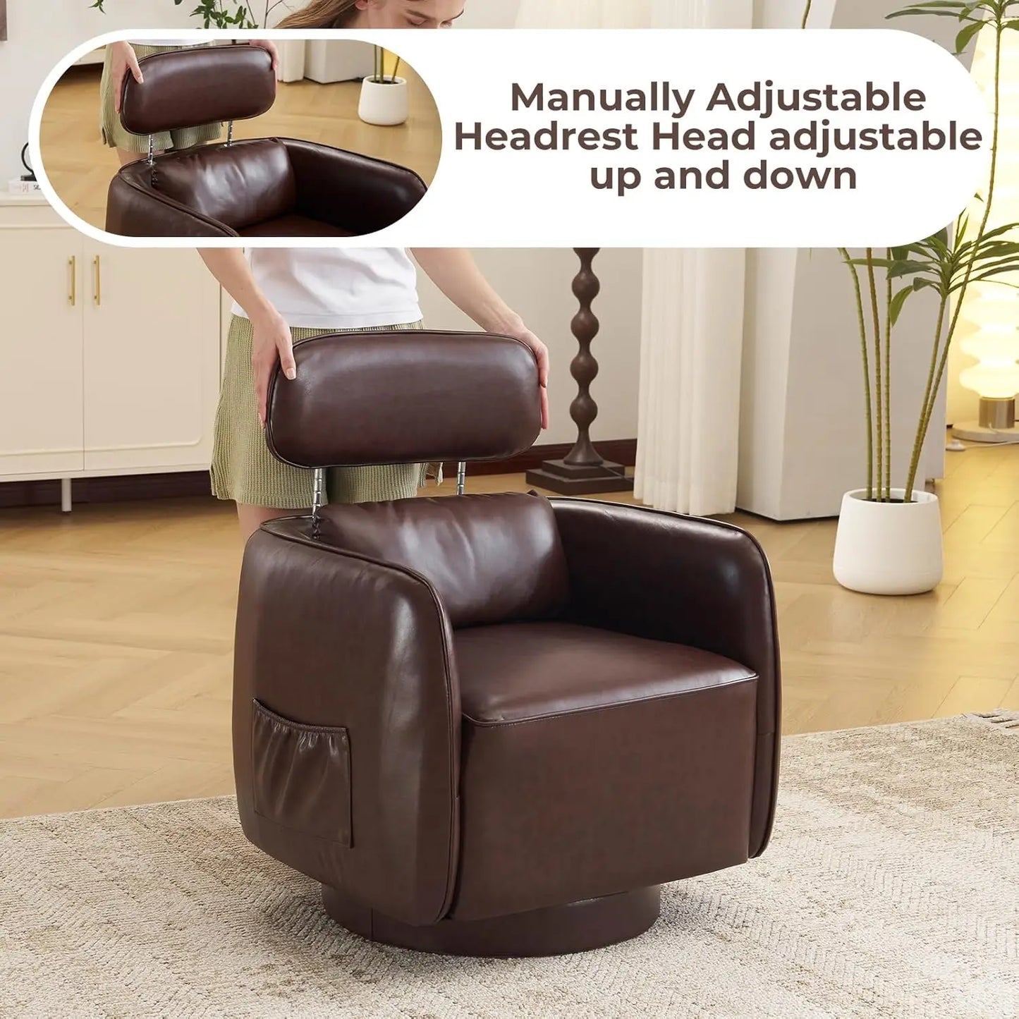 Large Swivel Accent Chair Leather round Barrel, Upholstered Armchair Modern Customized for Living Room Bedroom.