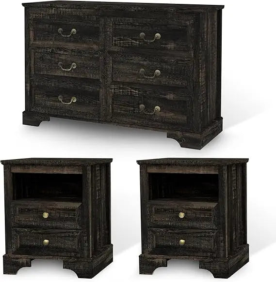 3 Pieces Bedroom Furniture Set, Rustic Wood 6 Drawer Dresser and Nightstands, Chest of Drawers.
