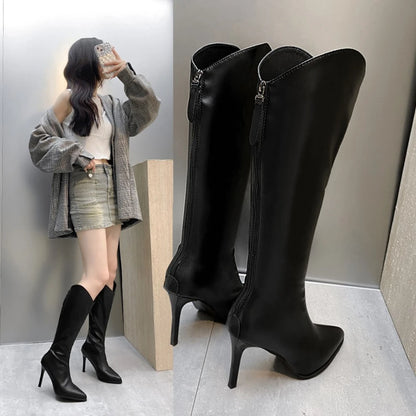Women Boots Black Sexy High Heels Shoes,  Pointed Toe, Rear Zip