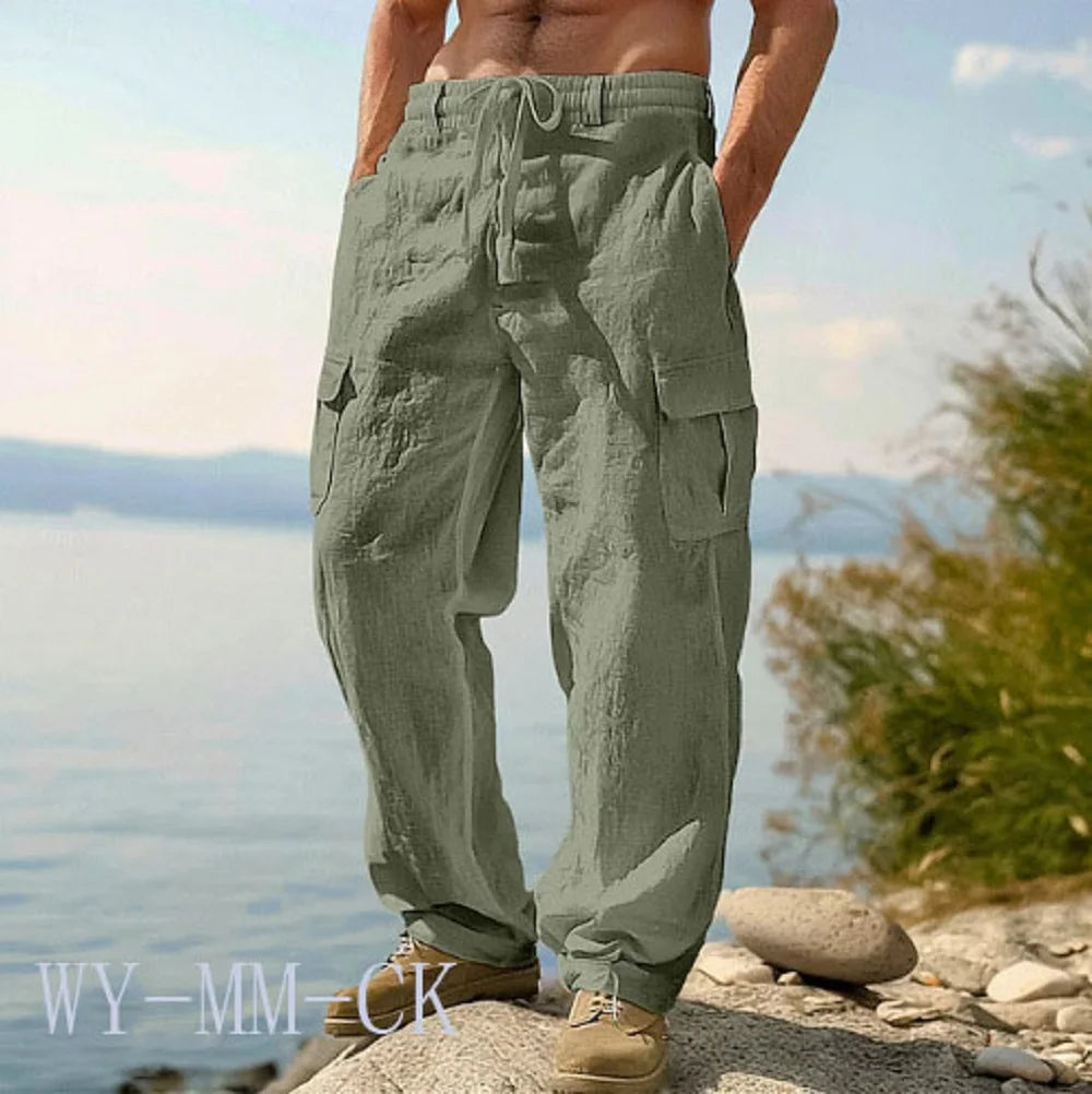 American Men Cotton And Linen Trousers, Multi-pocket Work Pants Loose Sportswear And Casual Trousers.