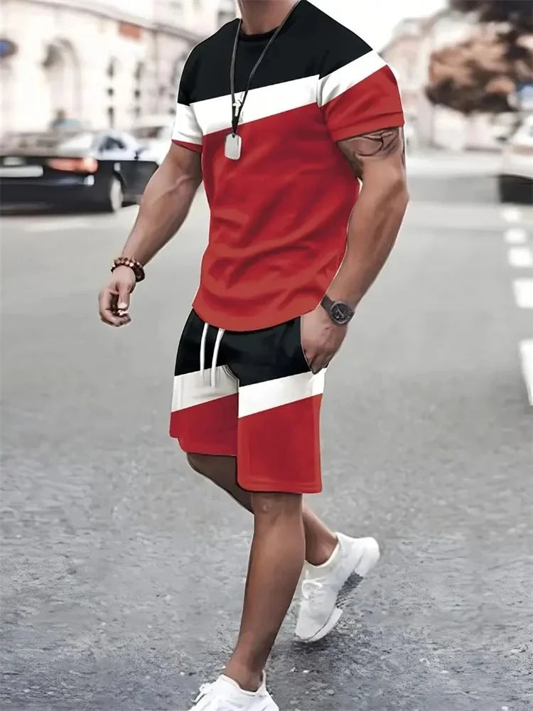 Men short sleeved shirt outdoor breathable, quick drying street fashion casual round neck T-shirt shorts set.