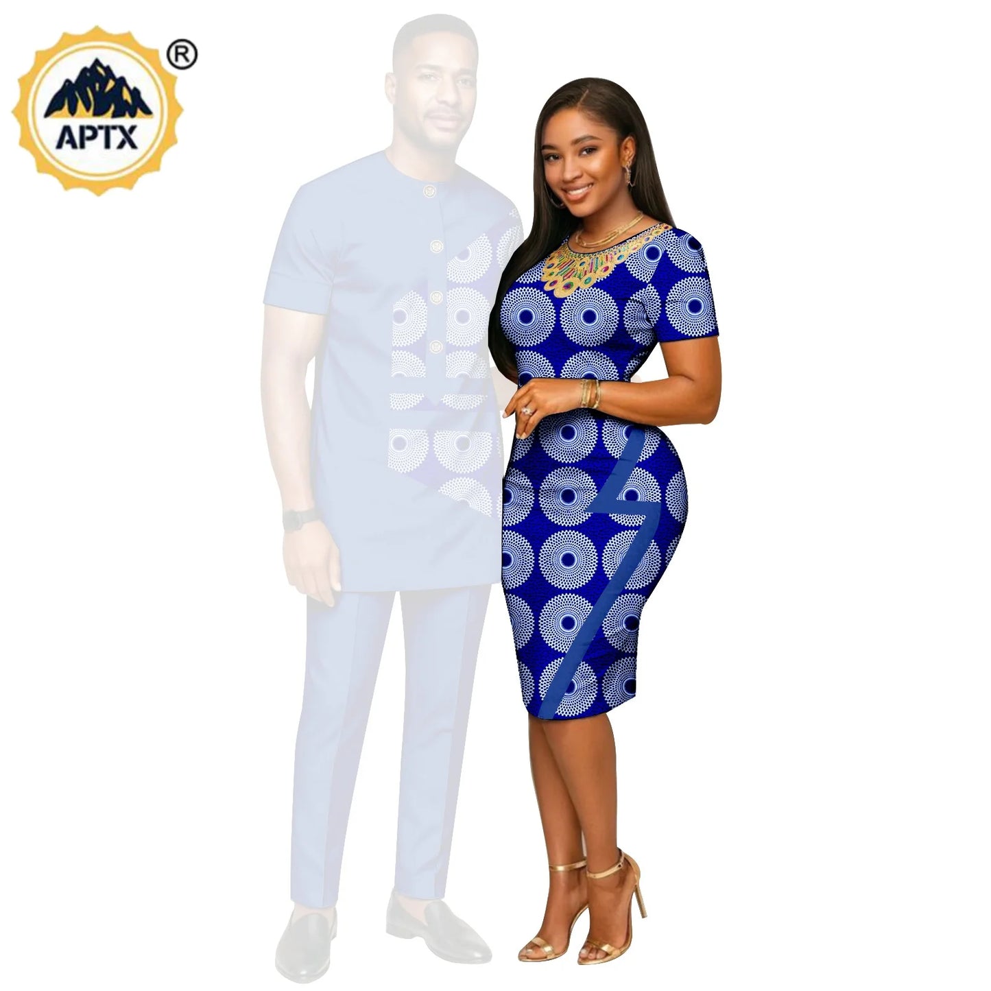 African Print Slim Hip Knee-length Dresses for Women, Matching Couple Outfits Dashiki Men Patchwork Top and Pant Sets 26C019.