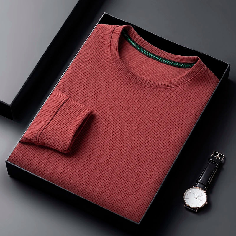Men Casual Waffle Round Neck T-shirt Breathable, Comfortable, and Fashionable Long Sleeved T-shirt.