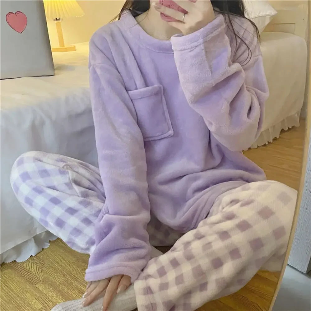 Thick Warm Women Pajamas Set, Winter Sleepwear Casual  Women Suit