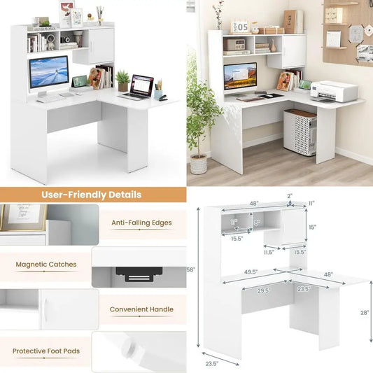 L Shaped Desk with Hutch, White Corner Desk with Storage Shelf & Cabinet, Laptop PC Table.