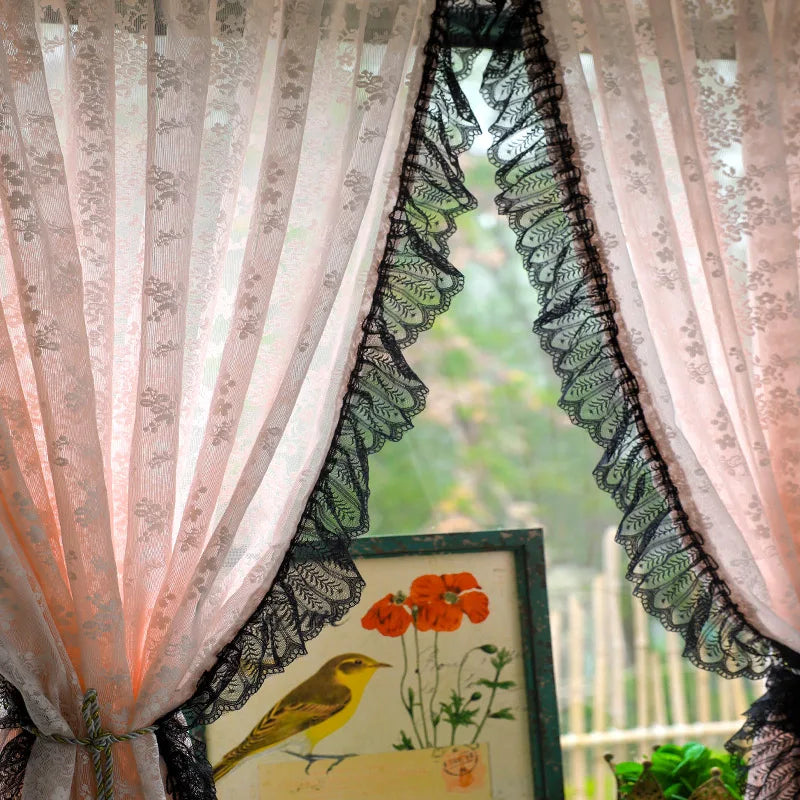 Vintage Black Lacework with Pink Jacquard Sheer Floral Curtains.