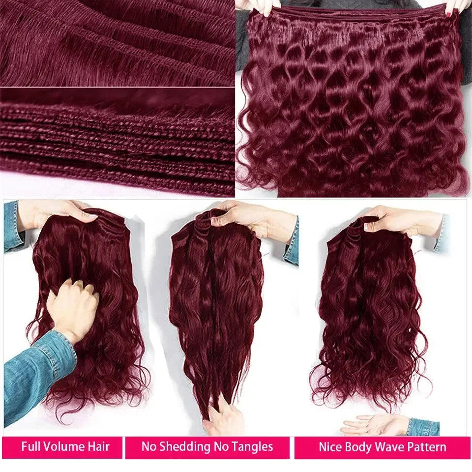 14A 99J Burgundy Body Wave Human Hair Bundles ,36 38 Inch Wine Red Brazilian 100% Unprocessed Raw Hair Bundles Extension Deals.