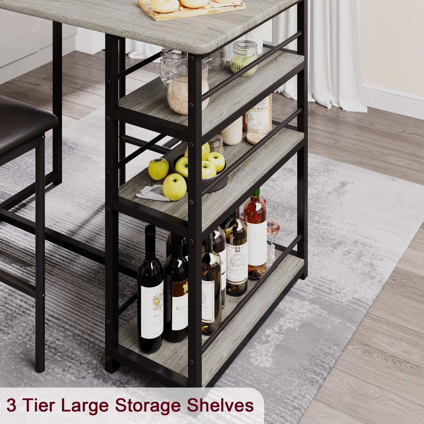 Dining Table Set with 3-Tier Shelves, Bar Kitchen Table Set with 2 Padded Chairs.