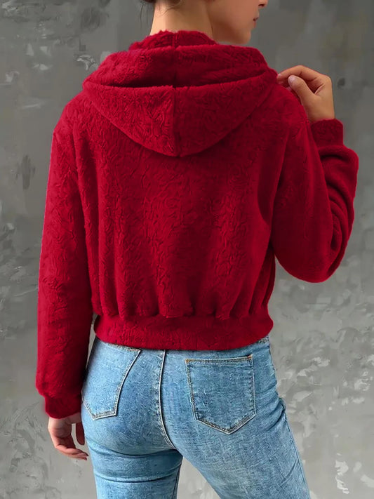 Nueva colección de Navidad. Abrigo corto de felpa rojo con capucha y cremallera para mujer, ideal para otoño e invierno.