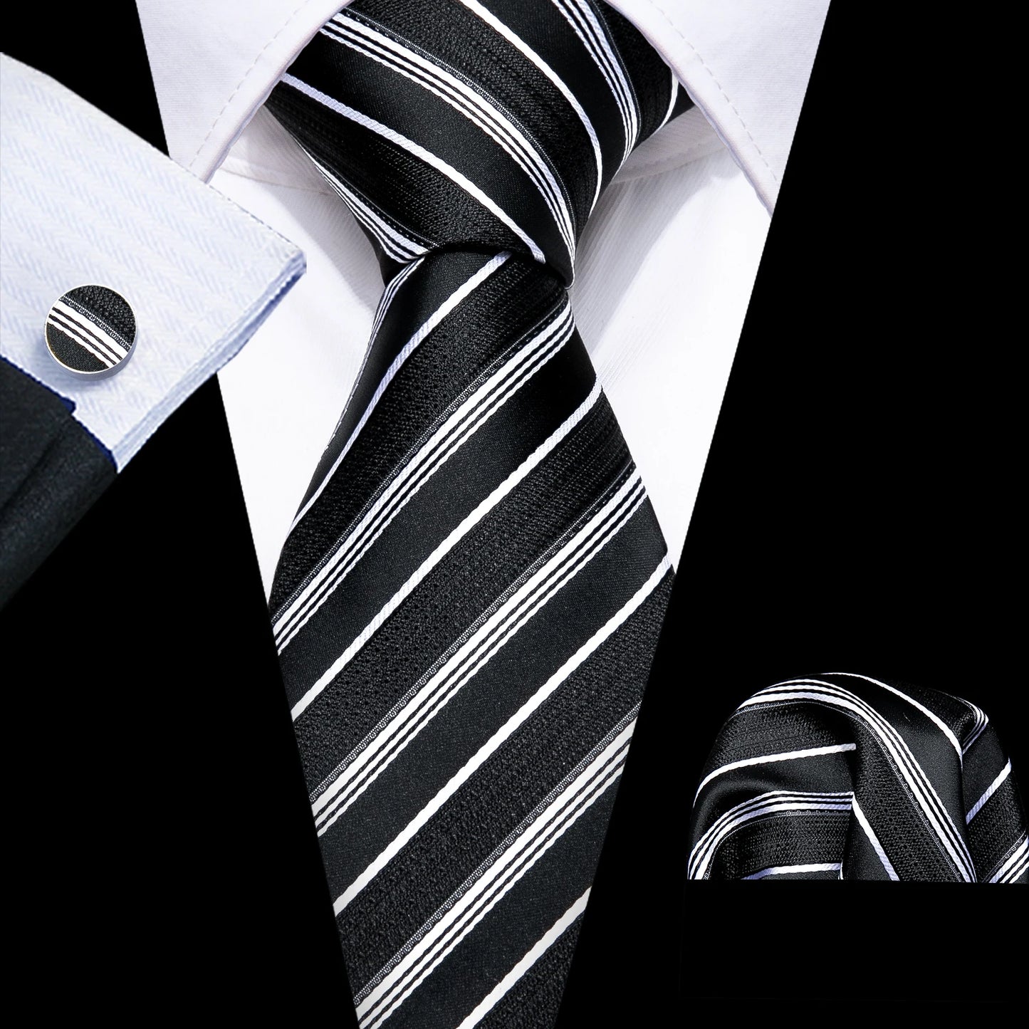 Black White Gray Silver Men Tie Handkerchief Cufflinks Set.
