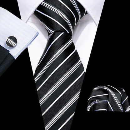 Black White Gray Silver Men Tie Handkerchief Cufflinks Set.