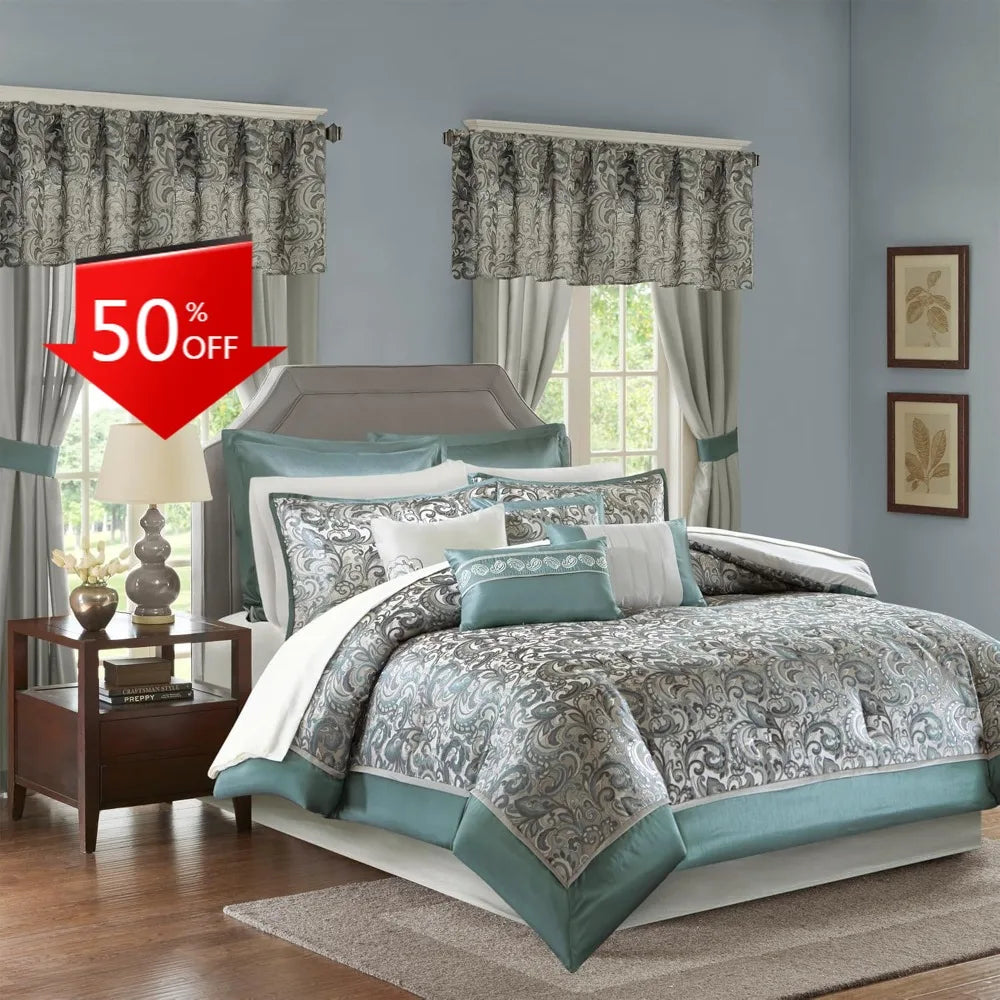 Madison Park Essentials Brystol 24-Piece Bedding Set, with Faux Silk Comforter and Jacquard Paisley Curtains.