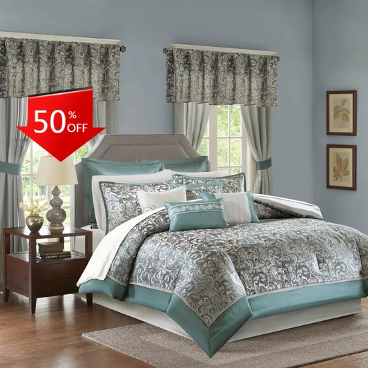 Madison Park Essentials Brystol 24-Piece Bedding Set, with Faux Silk Comforter and Jacquard Paisley Curtains.