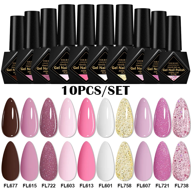 10pcs 10ml Gel Nail Polish Set, HEMA TPO Free, Red ,Coffee Brown, Semi Permanent Soak Off ,UV Gel Varnish For Winter Nail Supplies.