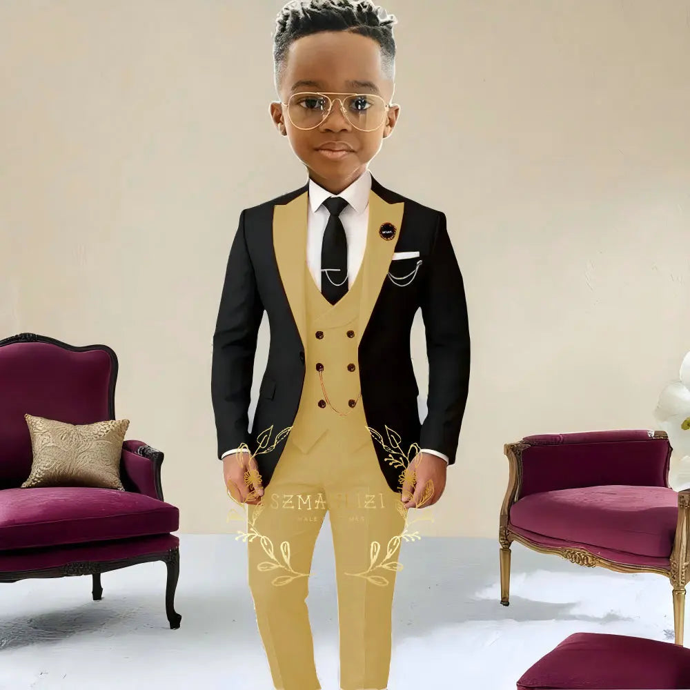 Boys Suit , Tuxedo Black Jacket, Beige Pants ,Vest 3 Pieces Set Kids 2-16 Years Old.