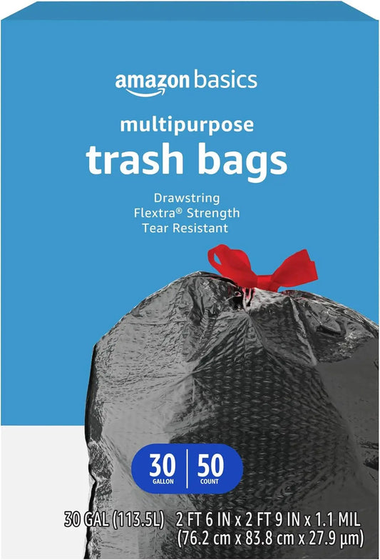 30 Gallon Heavy-Duty Drawstring Trash Bags, 50 Count - Multipurpose & Tear-Resistant for Easy Use.