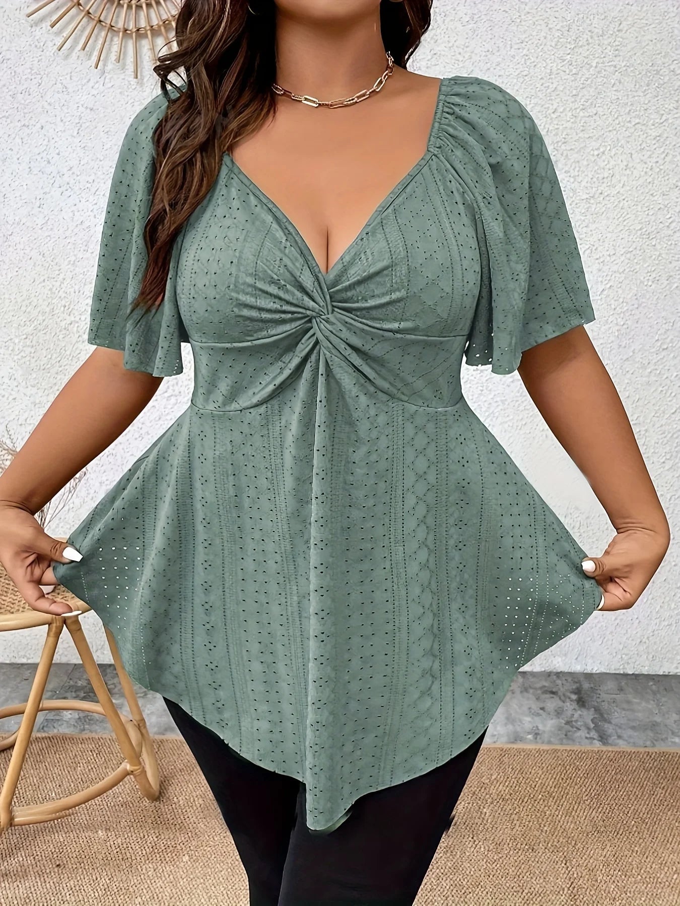 Plus Size Elegant, Casual, Solid Curve, Clothing Loose V Neck Tops.