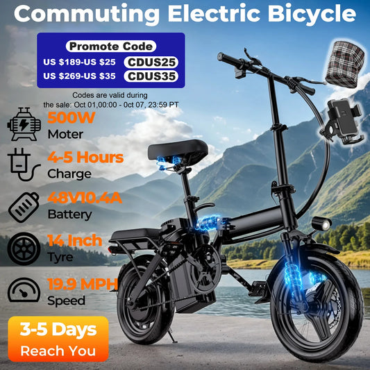 500W Adult Electric Bike, 20 MPH, 48V 10.4Ah Removable Battery.14 Inch Folding Electric Bike, Multi-Shock Absorption.