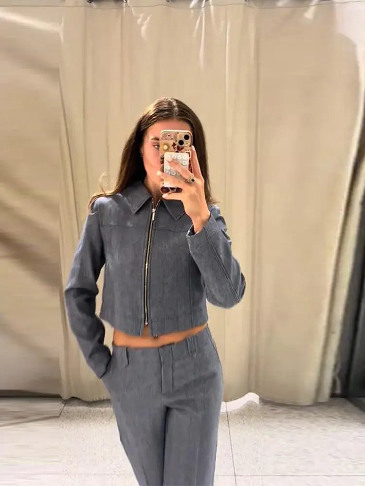 Women's Outwear 2 Piece Set Coats Pants ,Zipper Short Jackets, Straight-Leg Trouser Woman Clothes