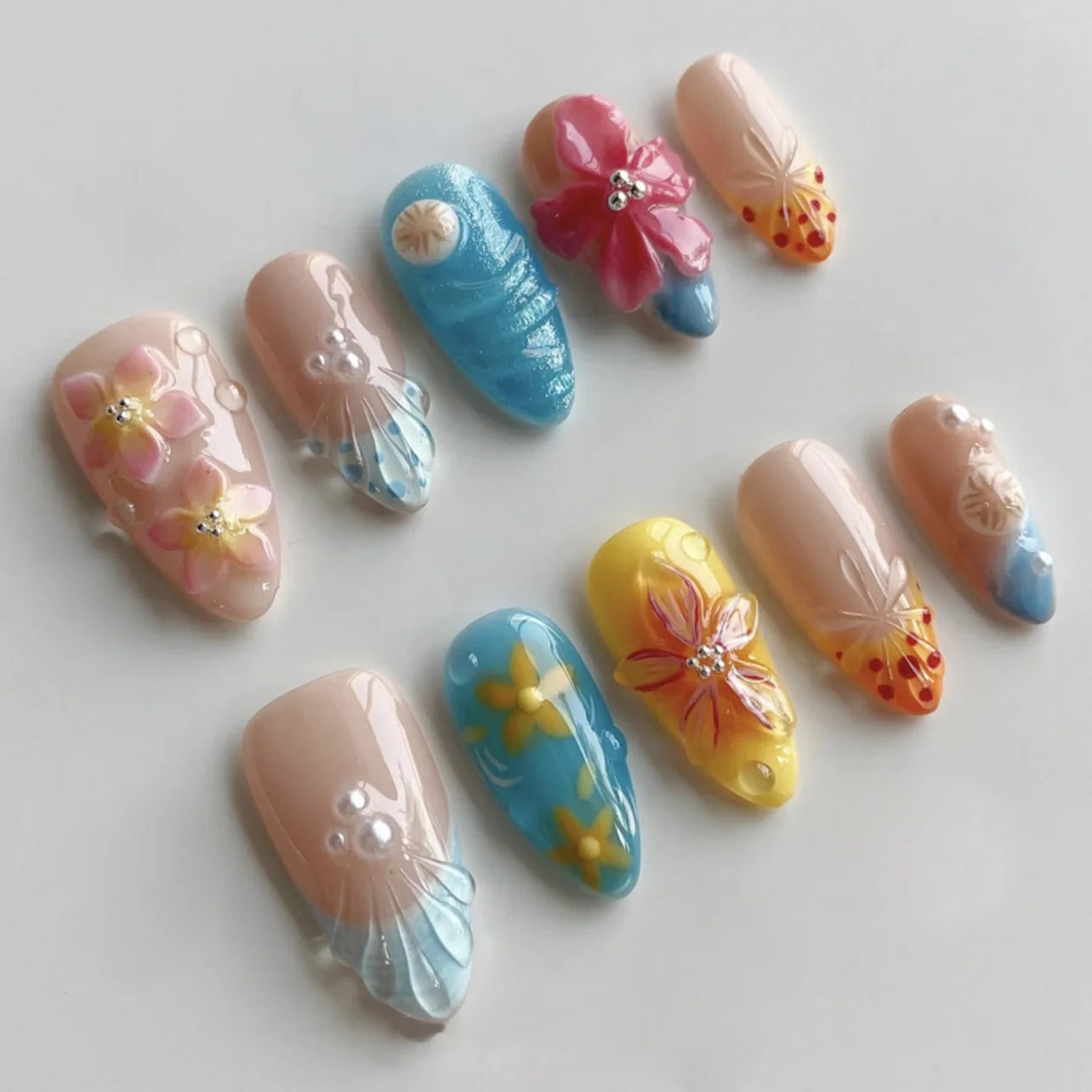 24Pcs Mid-length Almond Press on Fake Nails,3D Ripple Heart ,Pearl Star, Blue Smudge Detachable Full Cover Nails Tips.