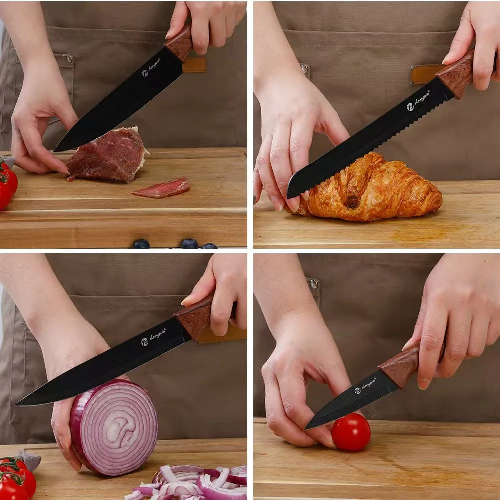 Kitchen knife set, stainless steel non-stick knife, black-edged marble, rose gold six-piece set, 2025 explosion.