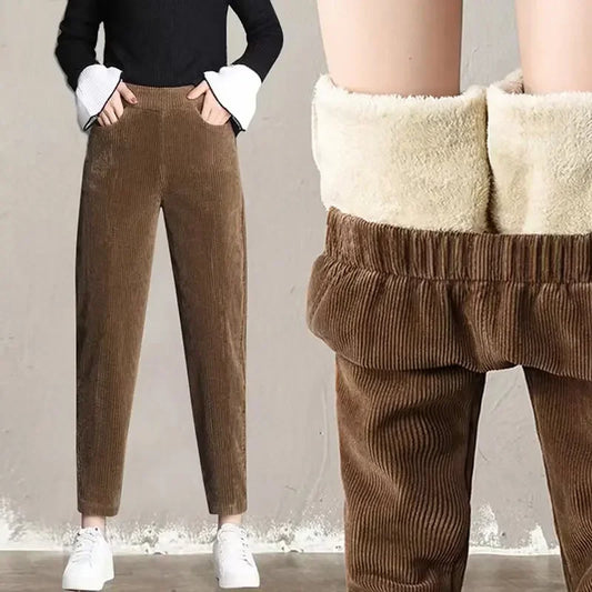 Women Corduroy Warm Pants Thick Plush Casual  Trousers.