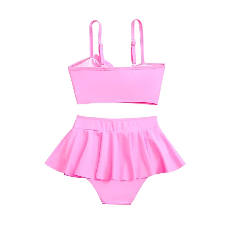 Girls Bow Bikini Two Pieces Swimsuit, Kids Ruffle Skirt, 5-14 Years Teenager Beach Wear.