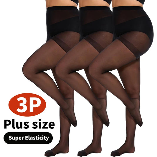 3 Pairs Plus Size Sheer Tights for Women -  Black Tights Control Top Pantyhose with Reinforced Toes.