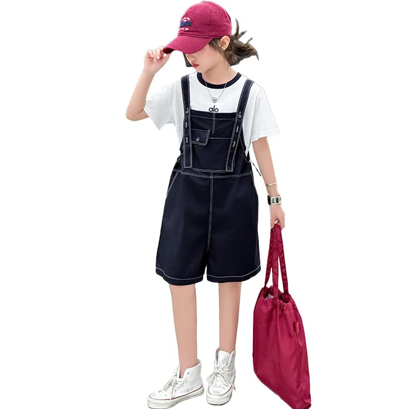 Girls Fashion Denim Overalls Medium, Big Children's Casual Loose Denim