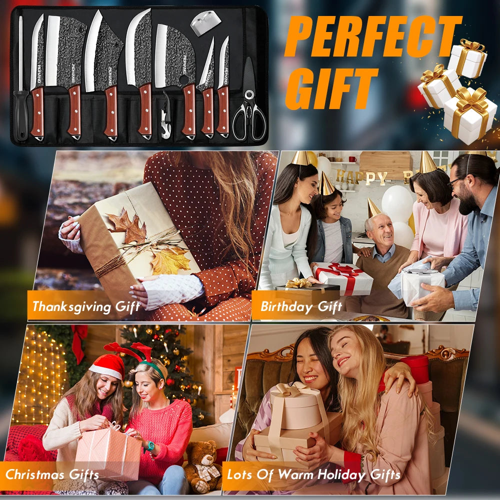 ZENG 14pcs Kitchen Knives Set, Cleaver, Meat Cut, Steak, Fillet Fish Knife ,Butcher Boning ,Hand Forged Blade with Sharpener.