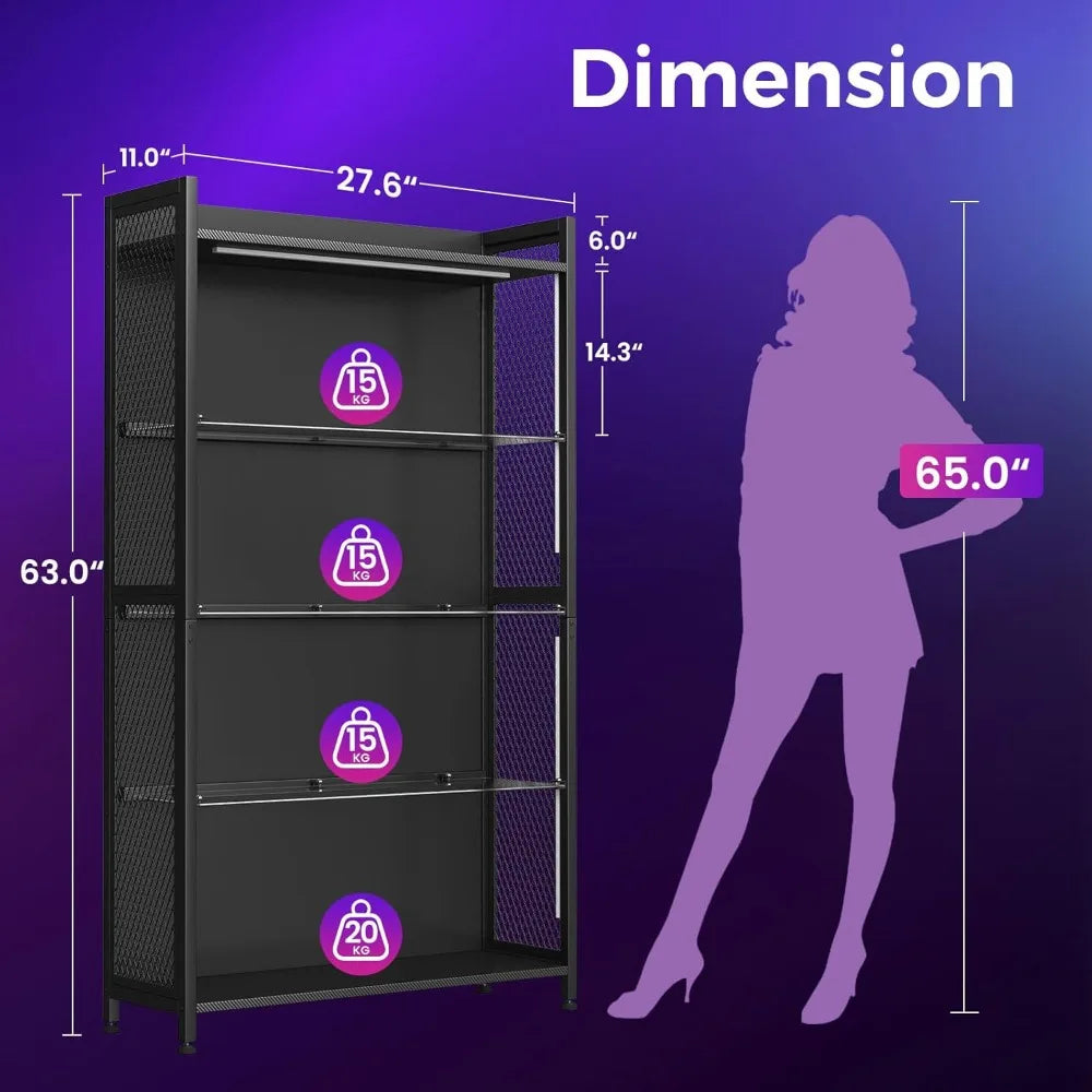 LED Display Cabinet with Glass Shelves, 5-Tier RGB Lighting Curio Case for Collectibles Storage.
