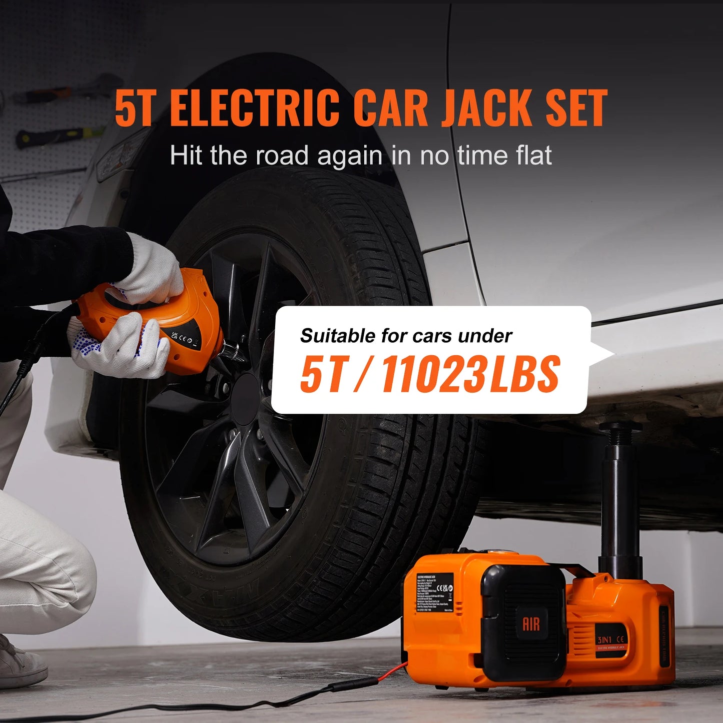 5T Electric Car Jack, Hydraulic Jack with Electric Impact Wrench, Built-in Inflatable Pump, LED Light for SUV Sedan Truck.