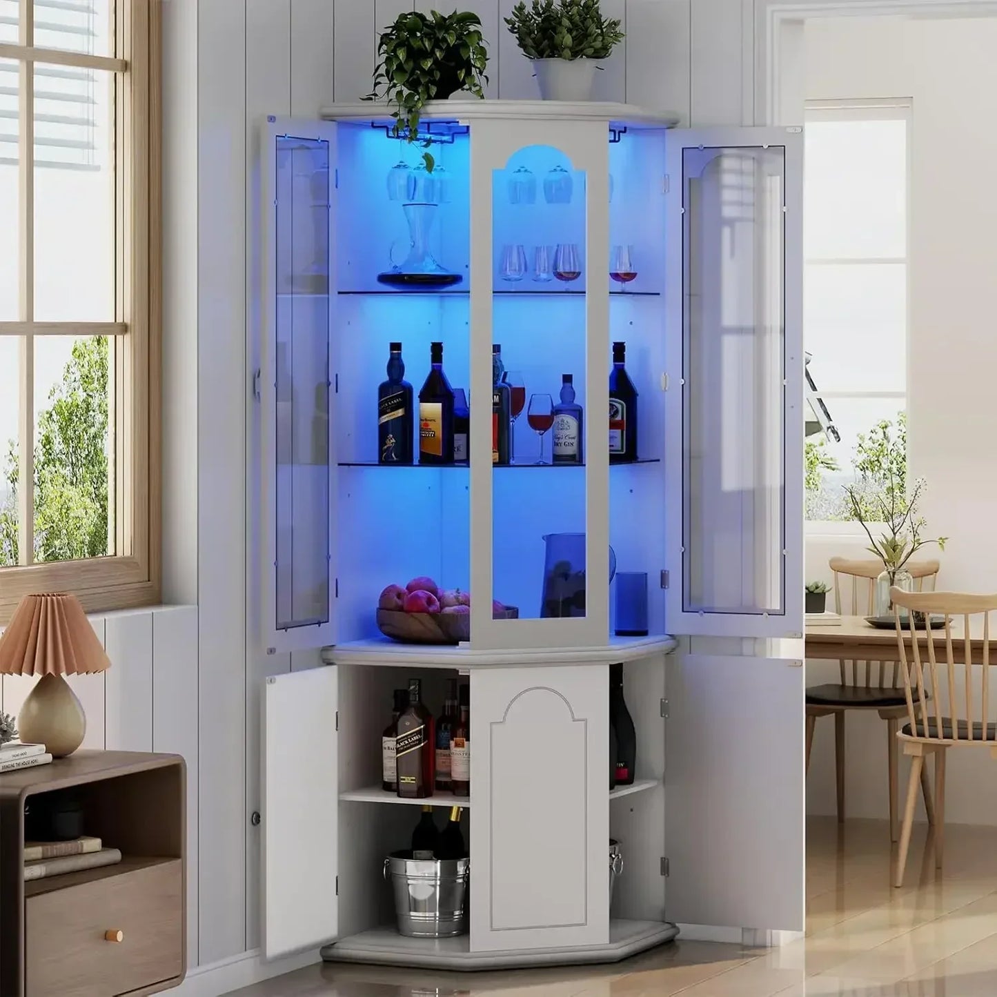 Corner Bar Cabinet w/LED Lights, Home Bar Liquor Storage, Tempered Glass Door & Adjustable Shelves.