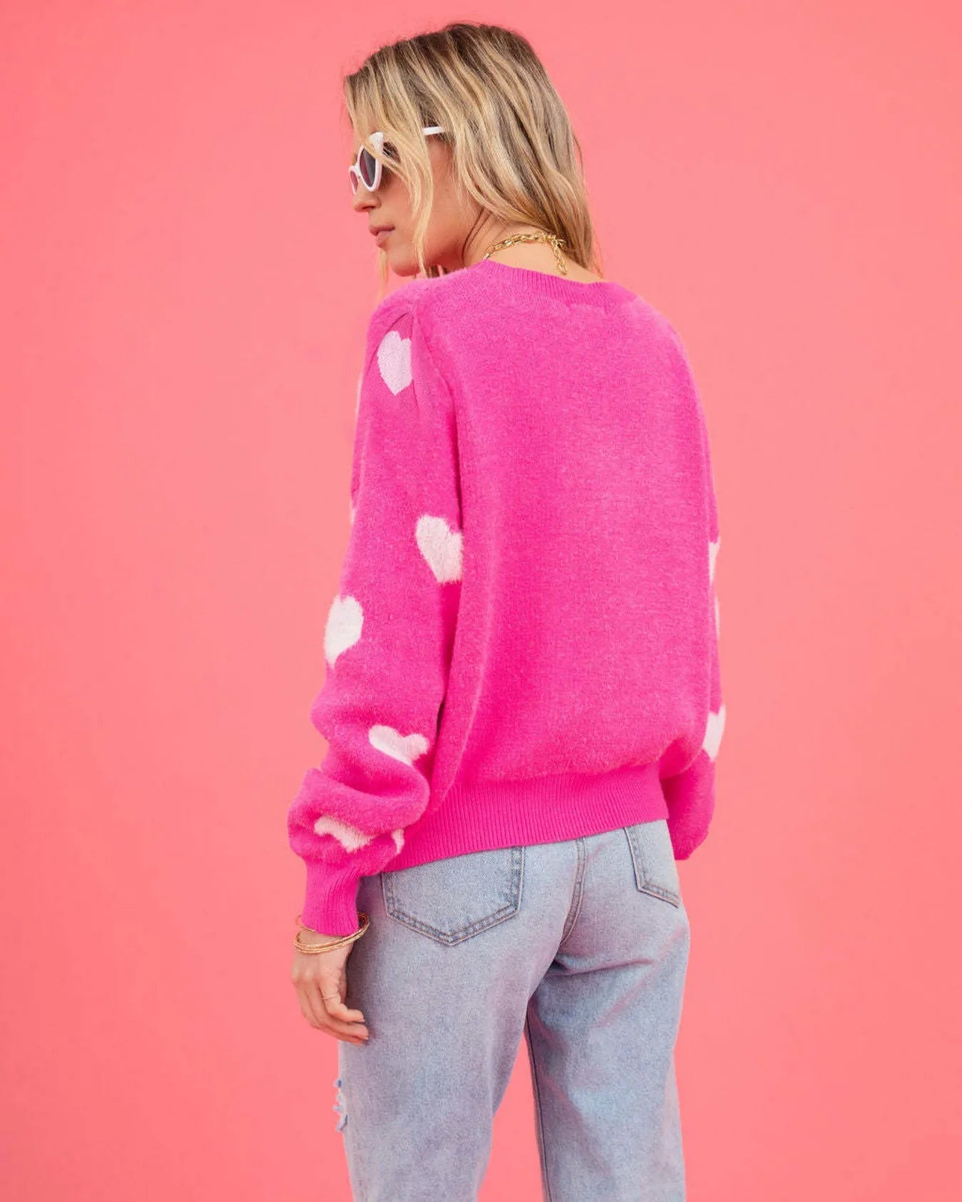 Women's Hot Pink, Oversized Knit Sweater Heart Pattern, Crew Neck Sweater.