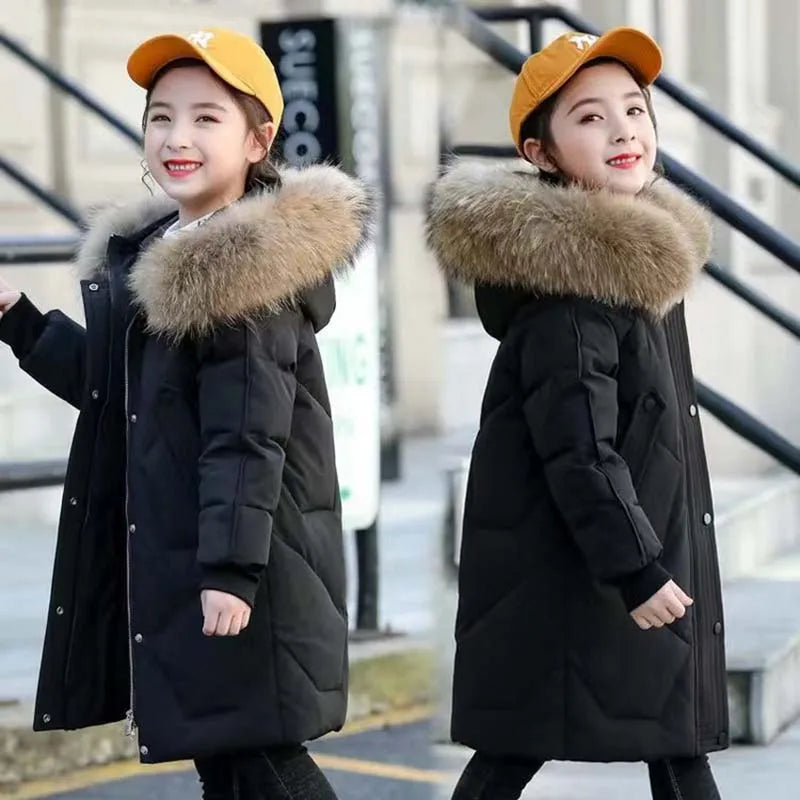 Warm Jackets for Girls Two Colors, Faux Fur Hooded Coat , White Duck Down Parkas
