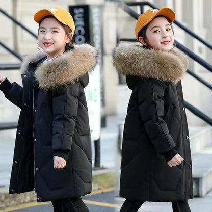 Warm Jackets for Girls Two Colors, Faux Fur Hooded Coat , White Duck Down Parkas