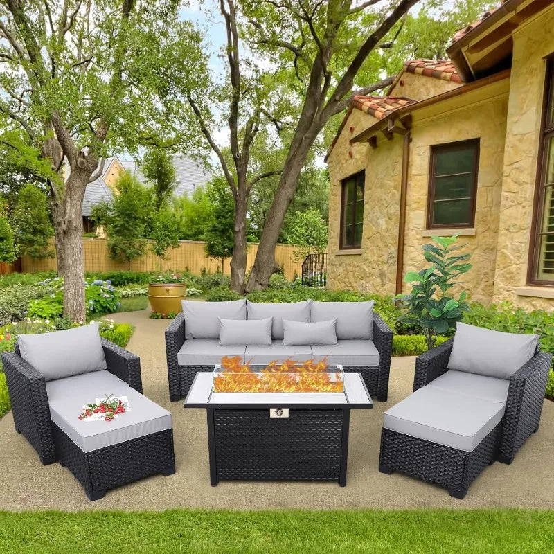 45" Light Grey 6-Piece Patio Set - 60,000 BTU Propane Fire Pit Table.