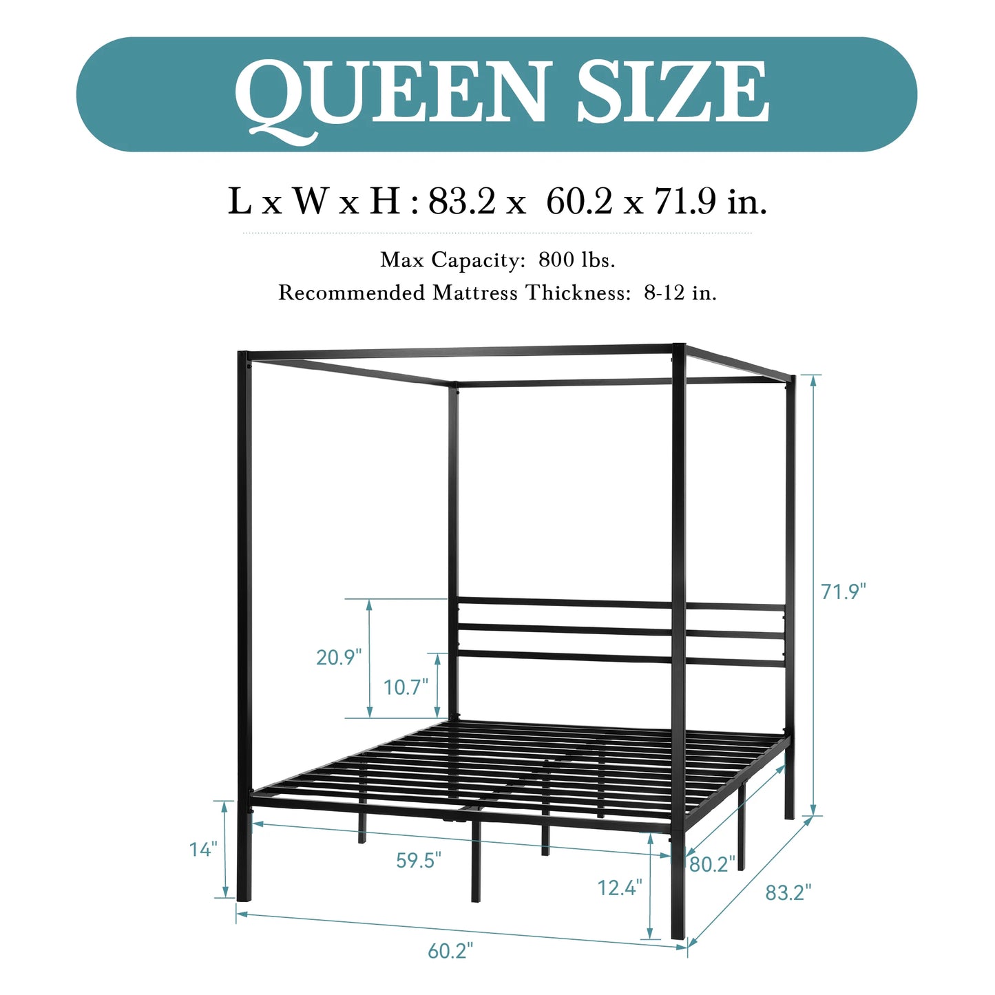 Canopy Bed Frame 4-Poster 3-Metal Crossbar, No Box Spring Needed