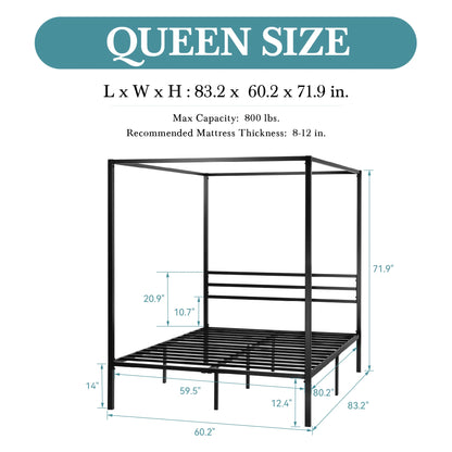Canopy Bed Frame 4-Poster 3-Metal Crossbar, No Box Spring Needed