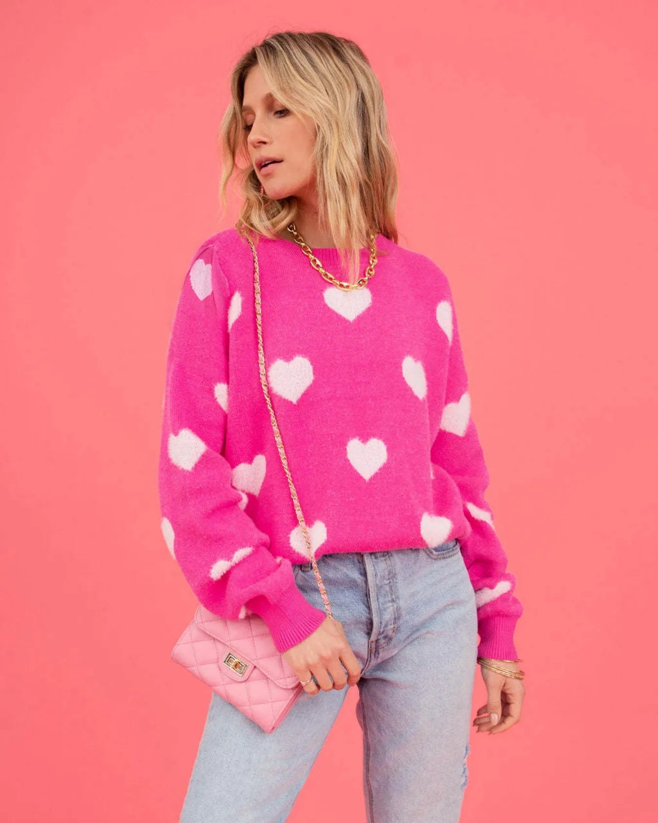 Women's Hot Pink, Oversized Knit Sweater Heart Pattern, Crew Neck Sweater.