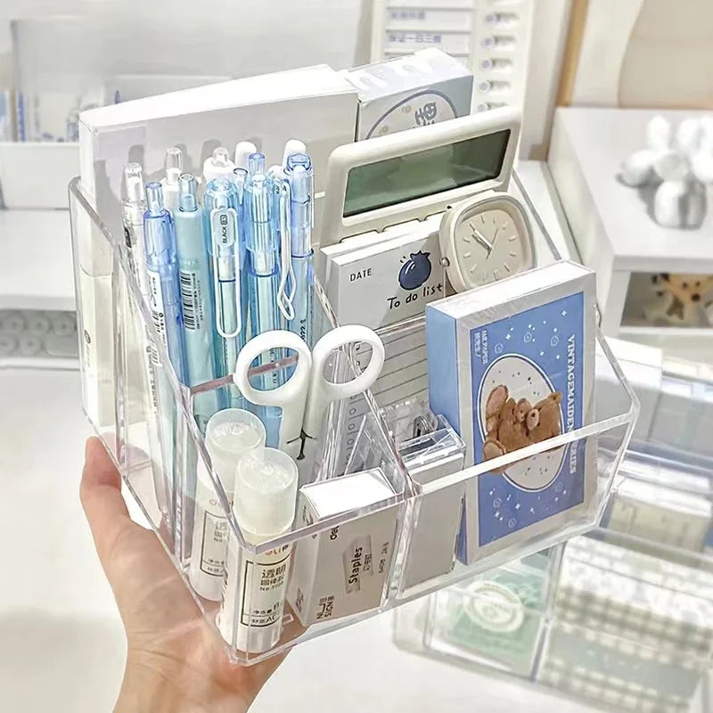 Large-Capacity Transparent Desktop Stationery Organizer, with Independent Compartments.