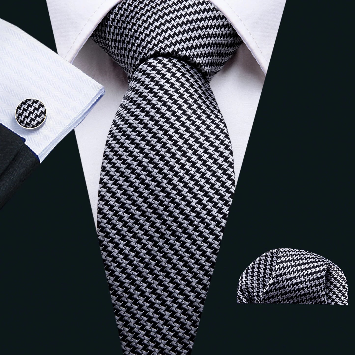Black White Gray Silver Men Tie Handkerchief Cufflinks Set.