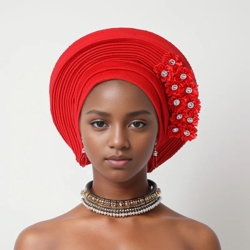 Red Multi-Layered, Turban Hat African Fan Shaped Head Wraps ,Pleated Headwear With Crystal.