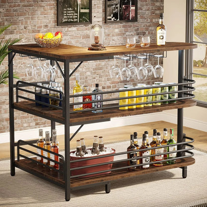 L-Shaped Home Bar Unit, 3 Tier Liquor Bar Table with Storage and Wine Glasses Holder