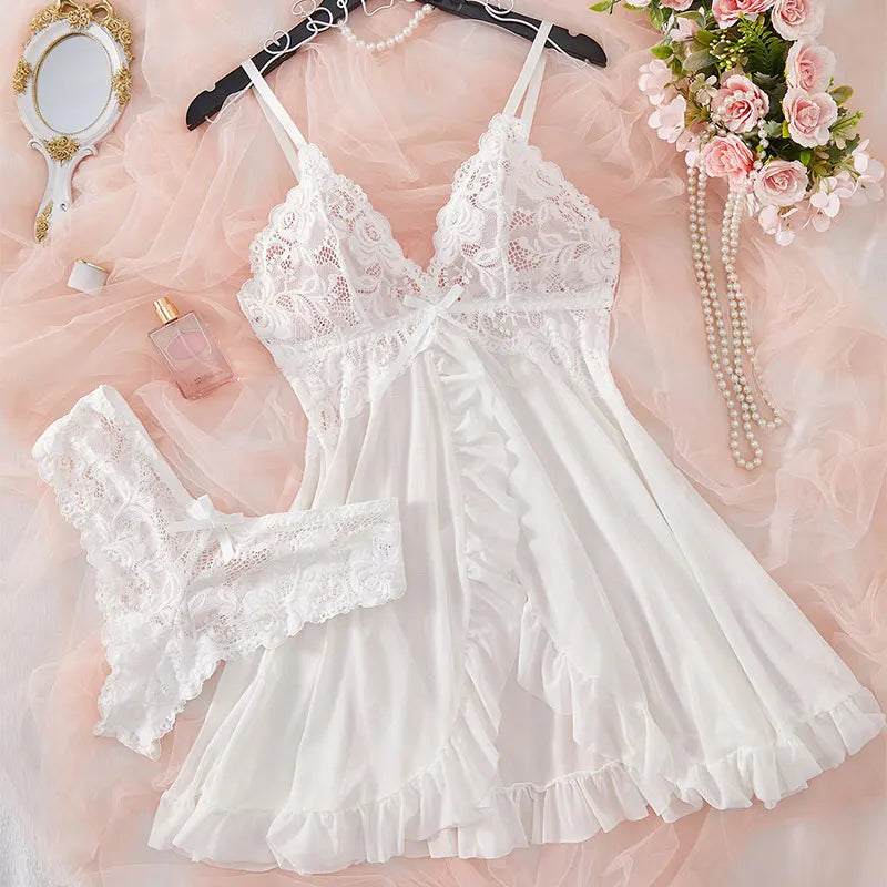 2 Pcs Set Lace Nightgown, Women Exquisite Nighties Transparent V-Neck Bra Panty Sets.