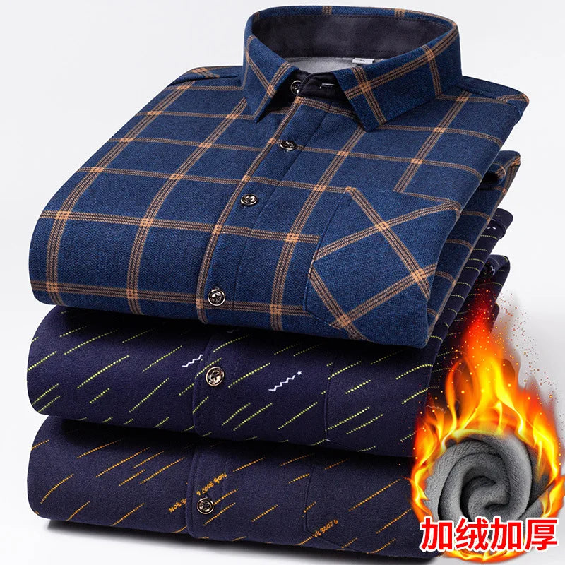 Men Travel, Casual ,Winter, Double-Sided Fleece, Warm Thickened Plaid Work Shirt.