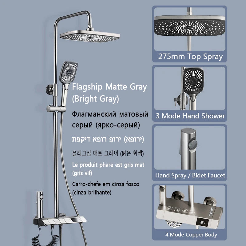 Bathroom Shower Full Set, Black White Gray Bathtub Shower, Digital LED Hot Cold Faucet