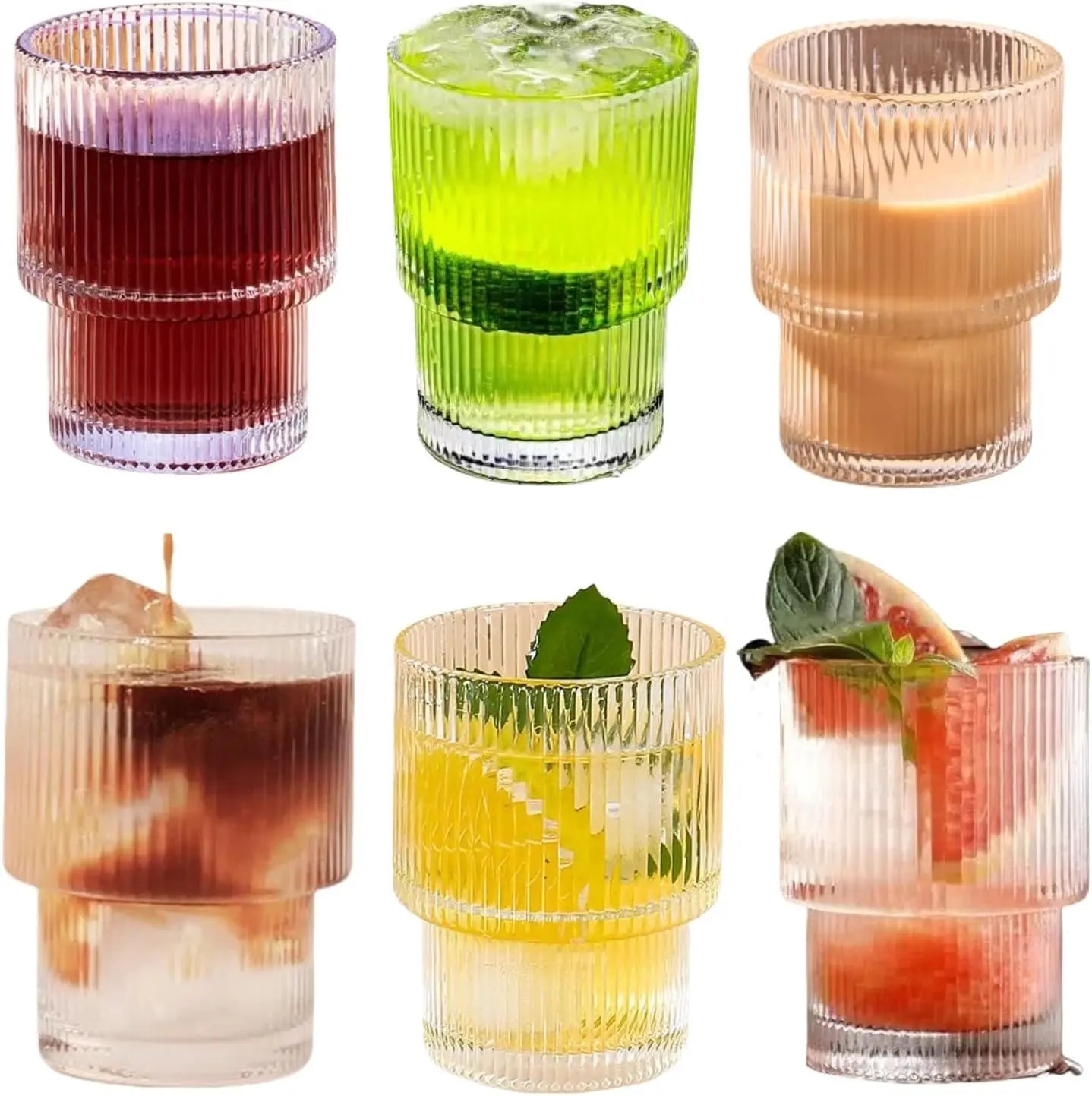 6pcs, 200ml/6.8oz Stackable Ribbed Glass Cups, Iced Coffee , Juice Cups,  Reusable Glass Cups.