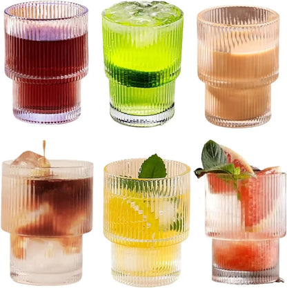 6pcs, 200ml/6.8oz Stackable Ribbed Glass Cups, Iced Coffee , Juice Cups,  Reusable Glass Cups.