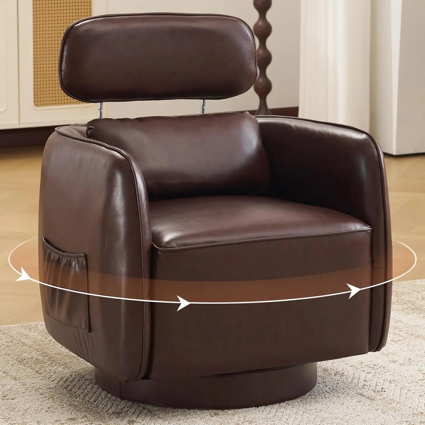 Large Swivel Accent Chair Leather round Barrel, Upholstered Armchair Modern Customized for Living Room Bedroom.